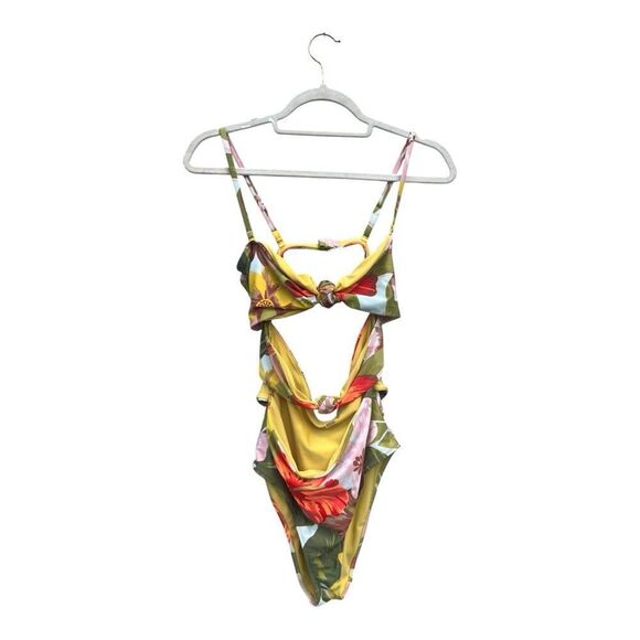 Aerie Swimsuit size medium Floral Cut Out Triple Knot Strapless One Piece Cheeky - Picture 3 of 5